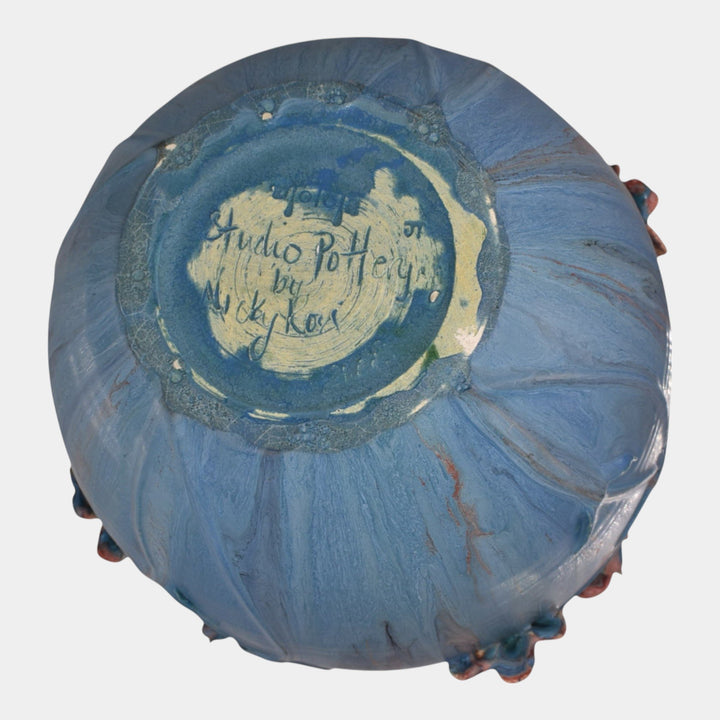 Door Studio Art Pottery 2008 Mottled Blue Applied Floral Floor Vase Ross - Just Art Pottery