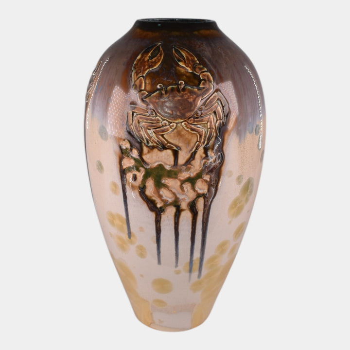 Door Studio Art Pottery Hand Thrown Ceramic Brown Drip Glaze Crab Vase Kreigh - Just Art Pottery