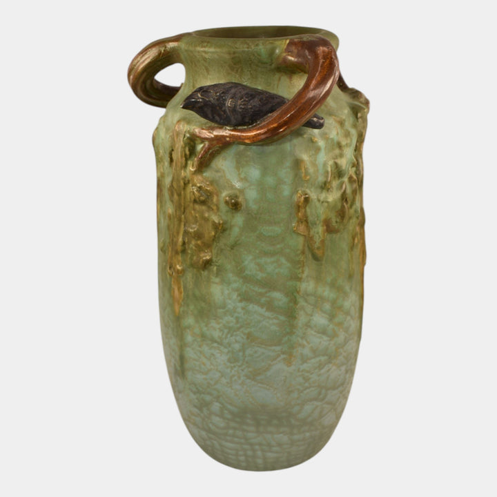 Ephraim Faience 2024 Hand Made Pottery Curdled Sage Green Crow The Lookout Vase - Just Art Pottery