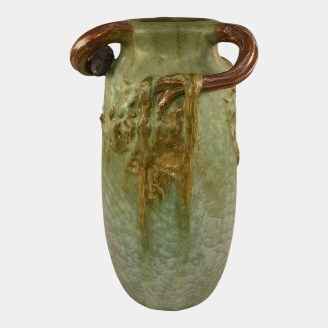 Ephraim Faience 2024 Hand Made Pottery Curdled Sage Green Crow The Lookout Vase - Just Art Pottery