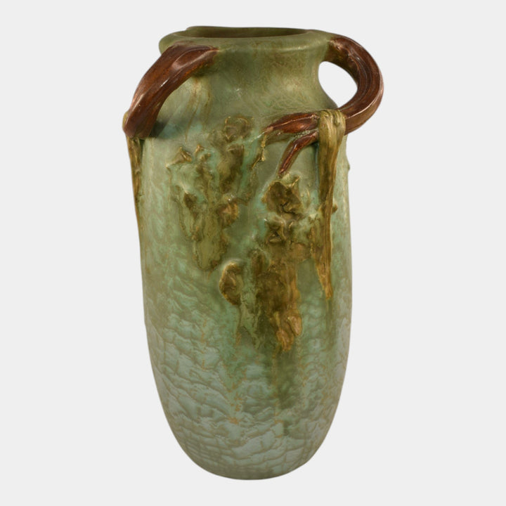 Ephraim Faience 2024 Hand Made Pottery Curdled Sage Green Crow The Lookout Vase - Just Art Pottery