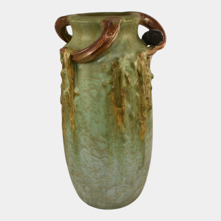 Ephraim Faience 2024 Hand Made Pottery Curdled Sage Green Crow The Lookout Vase - Just Art Pottery