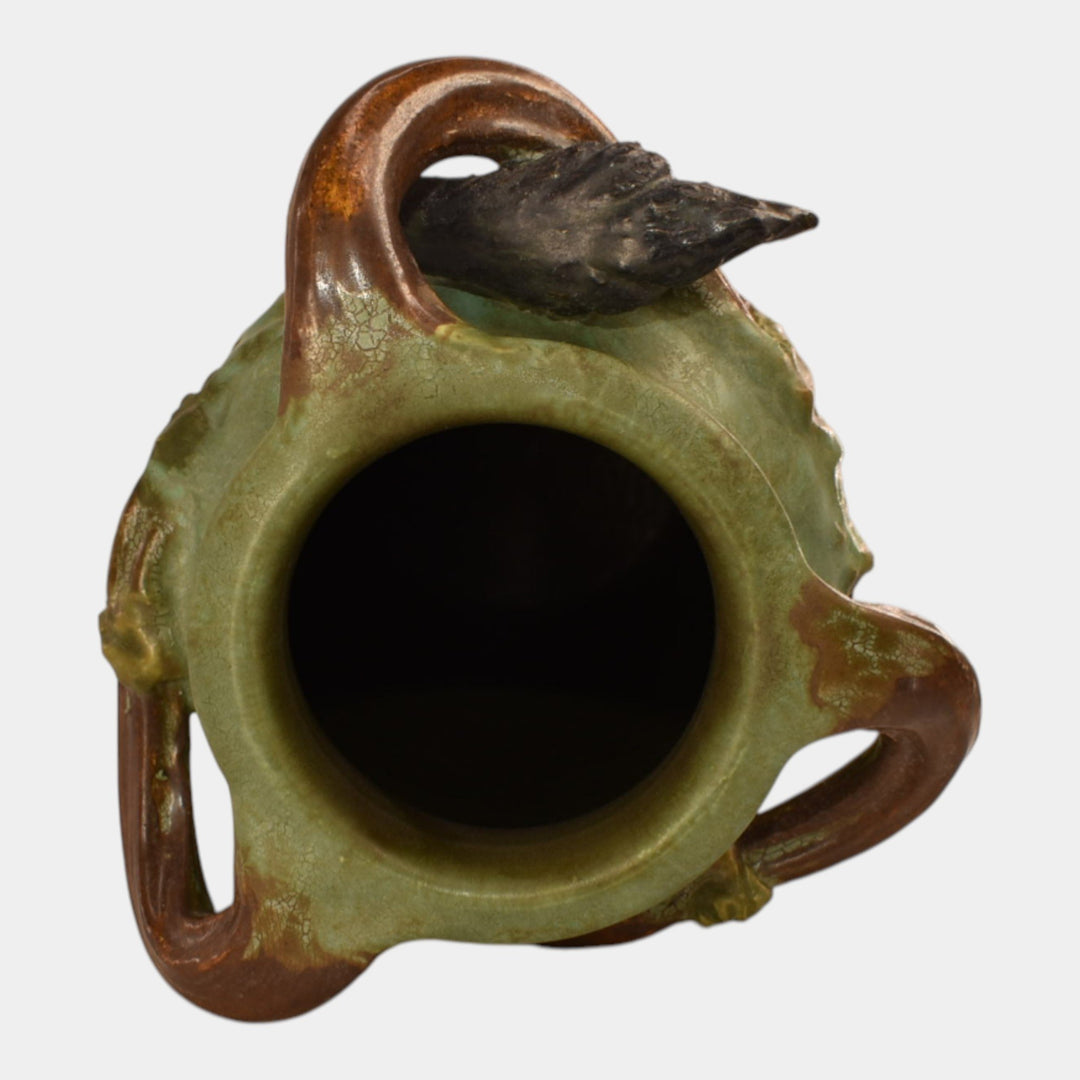 Ephraim Faience 2024 Hand Made Pottery Curdled Sage Green Crow The Lookout Vase - Just Art Pottery