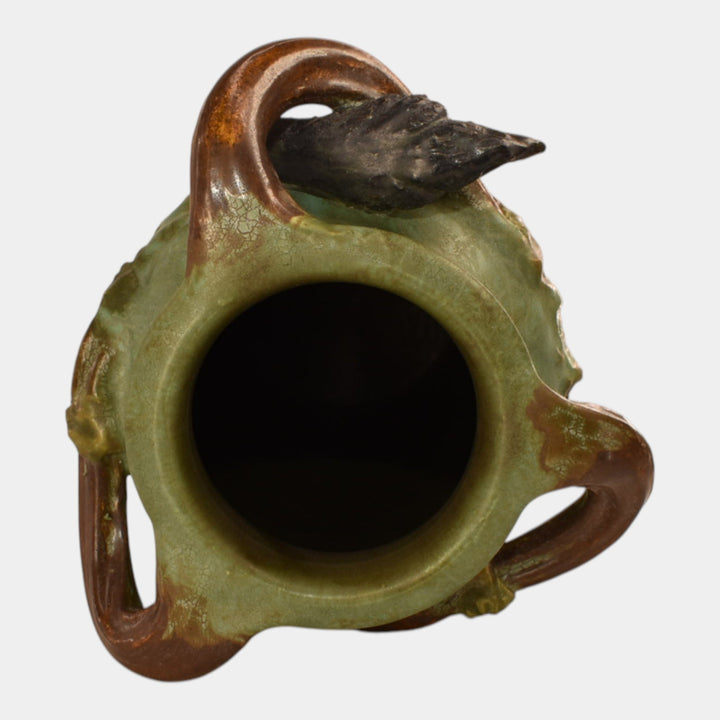 Ephraim Faience 2024 Hand Made Pottery Curdled Sage Green Crow The Lookout Vase - Just Art Pottery