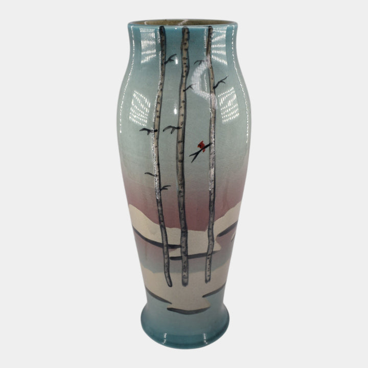 Ephraim Faience Hand Made Pottery Blue Snowy Birch Scenic Vellum Vase - Just Art Pottery