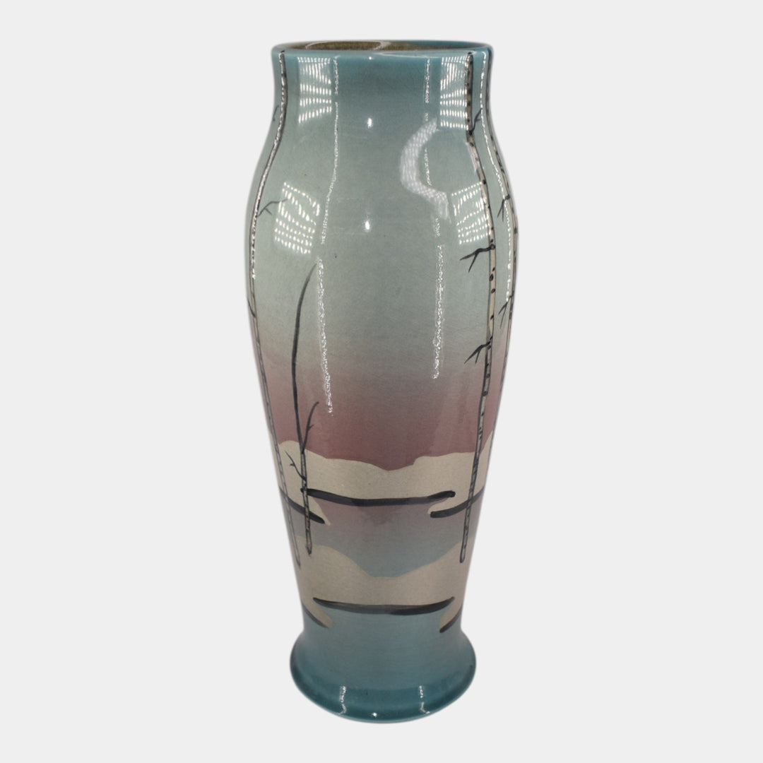 Ephraim Faience Hand Made Pottery Blue Snowy Birch Scenic Vellum Vase - Just Art Pottery