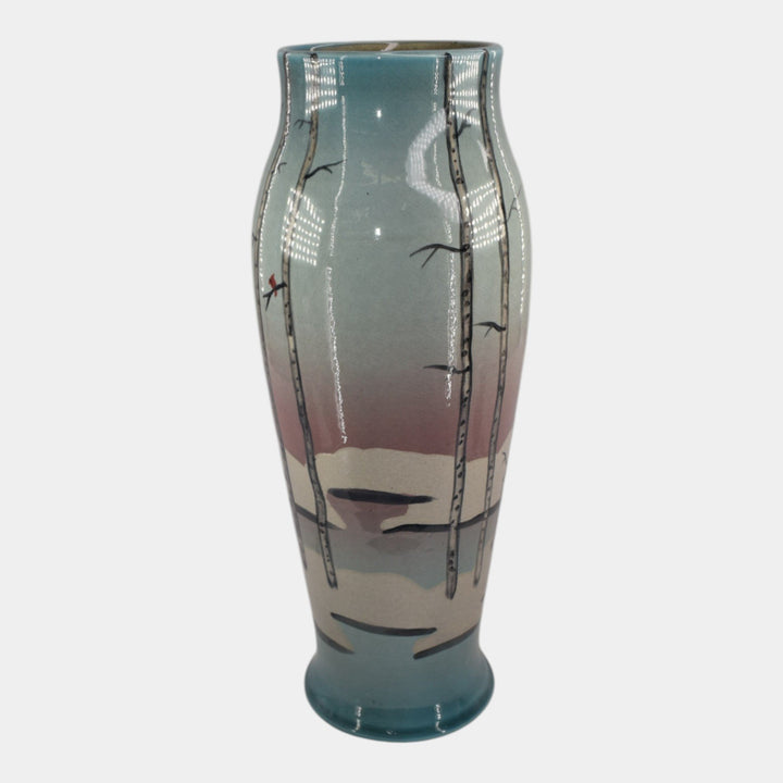 Ephraim Faience Hand Made Pottery Blue Snowy Birch Scenic Vellum Vase - Just Art Pottery