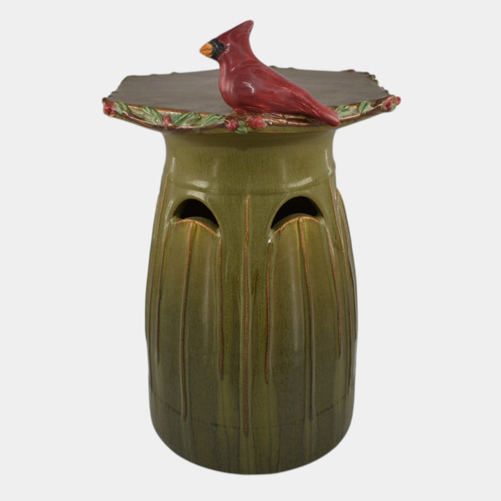 Ephraim Faience 2024 Hand Made Pottery Green Cardinal Candle Pillar - Just Art Pottery