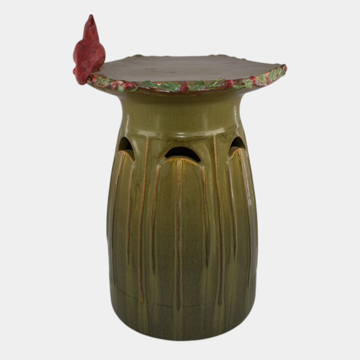 Ephraim Faience 2024 Hand Made Pottery Green Cardinal Candle Pillar - Just Art Pottery