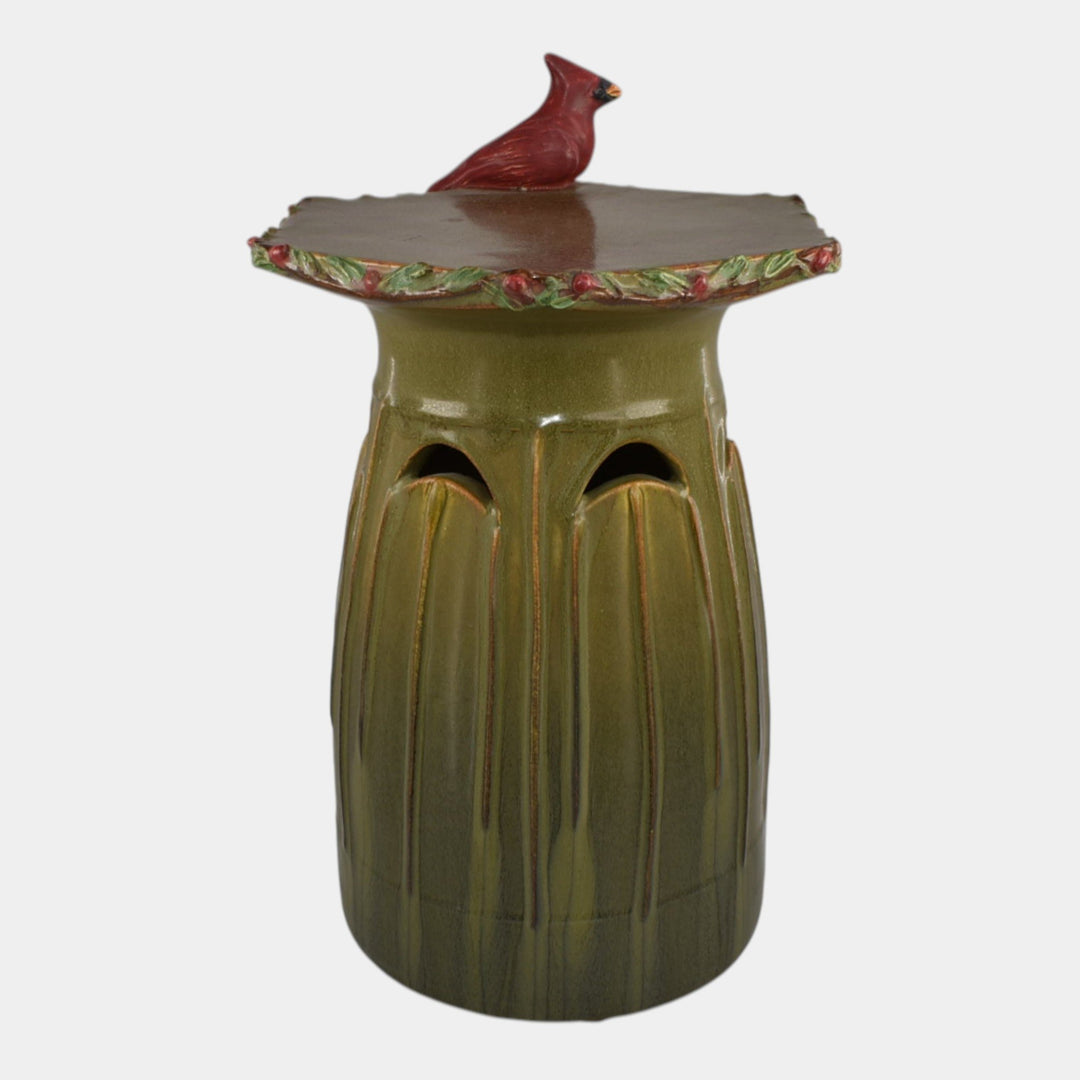 Ephraim Faience 2024 Hand Made Pottery Green Cardinal Candle Pillar - Just Art Pottery