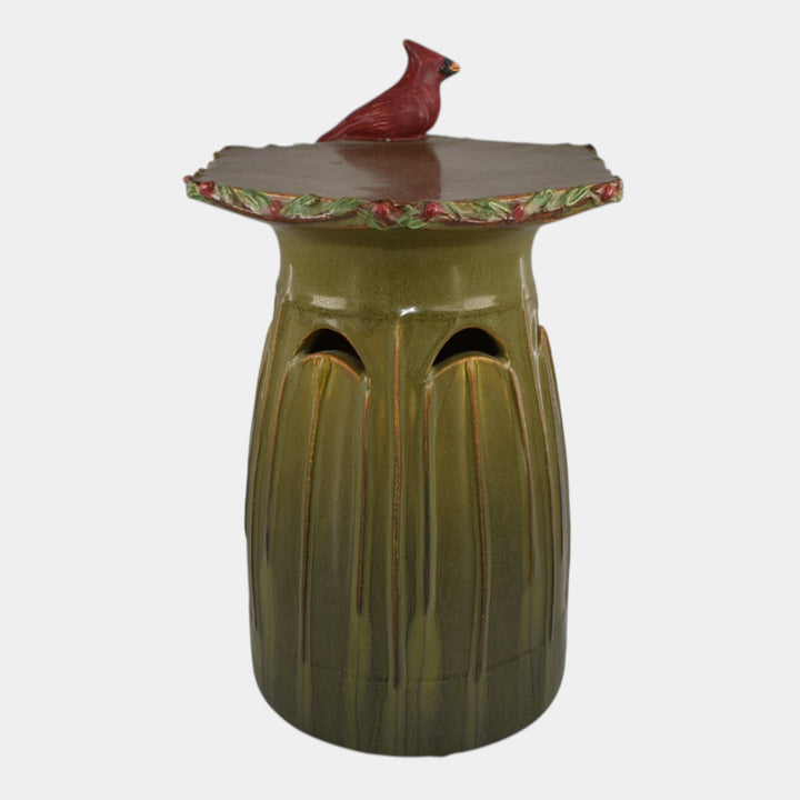 Ephraim Faience 2024 Hand Made Pottery Green Cardinal Candle Pillar - Just Art Pottery