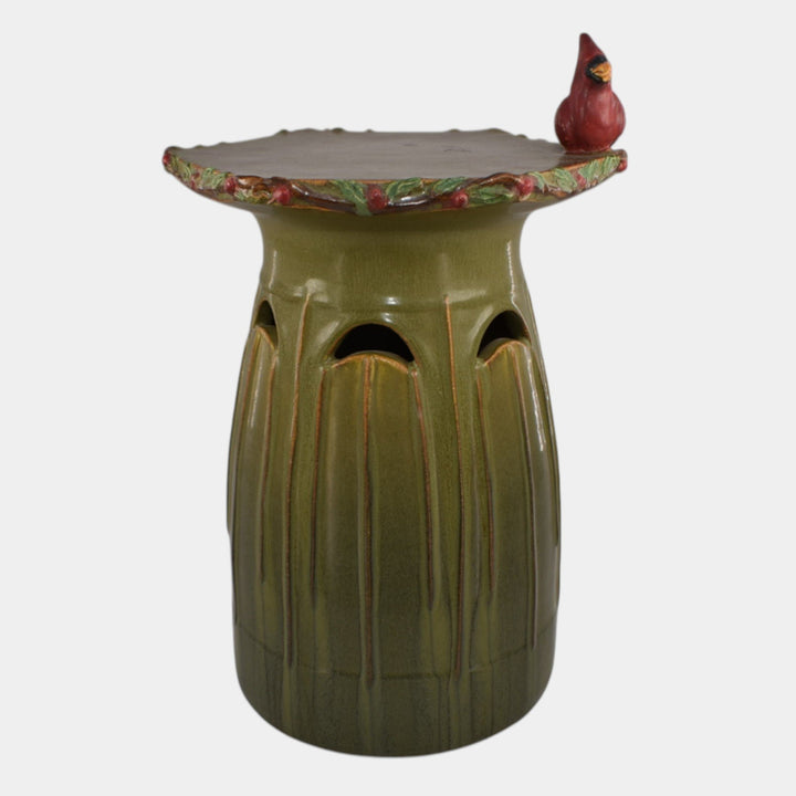 Ephraim Faience 2024 Hand Made Pottery Green Cardinal Candle Pillar - Just Art Pottery