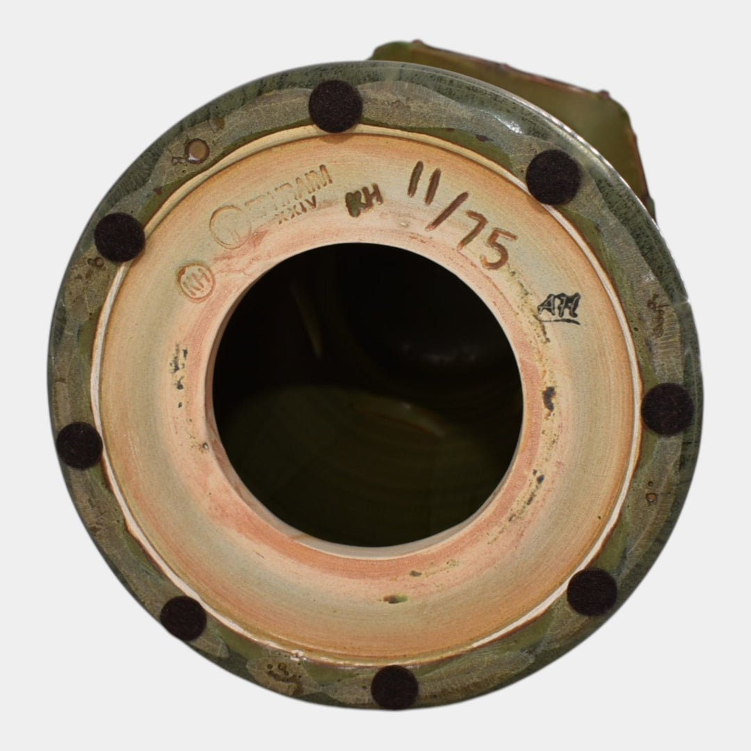 Ephraim Faience 2024 Hand Made Pottery Green Cardinal Candle Pillar - Just Art Pottery