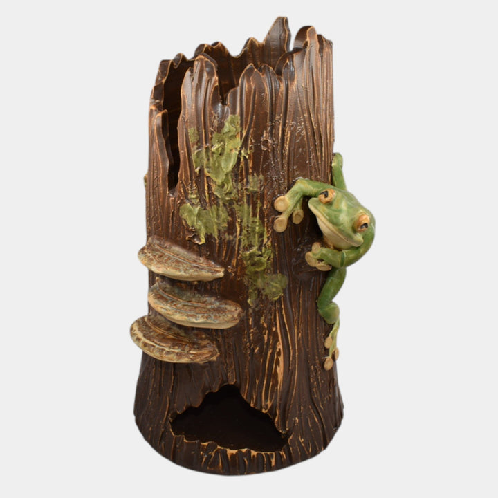 Ephraim Faience 2016 Experimental Pottery Brown Green Frog Log Vase - Just Art Pottery