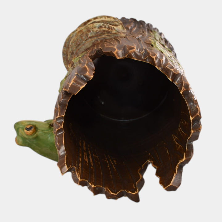 Ephraim Faience 2016 Experimental Pottery Brown Green Frog Log Vase - Just Art Pottery