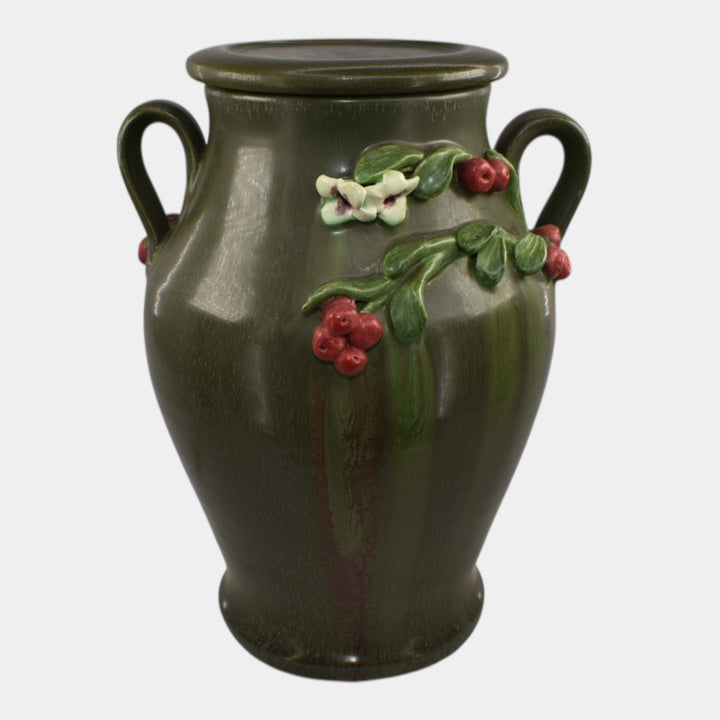 Ephraim Faience Hand Made Pottery Green Lingonberry Lidded Vase - Just Art Pottery
