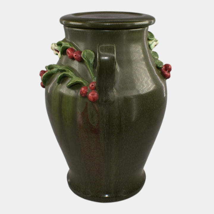 Ephraim Faience Hand Made Pottery Green Lingonberry Lidded Vase - Just Art Pottery