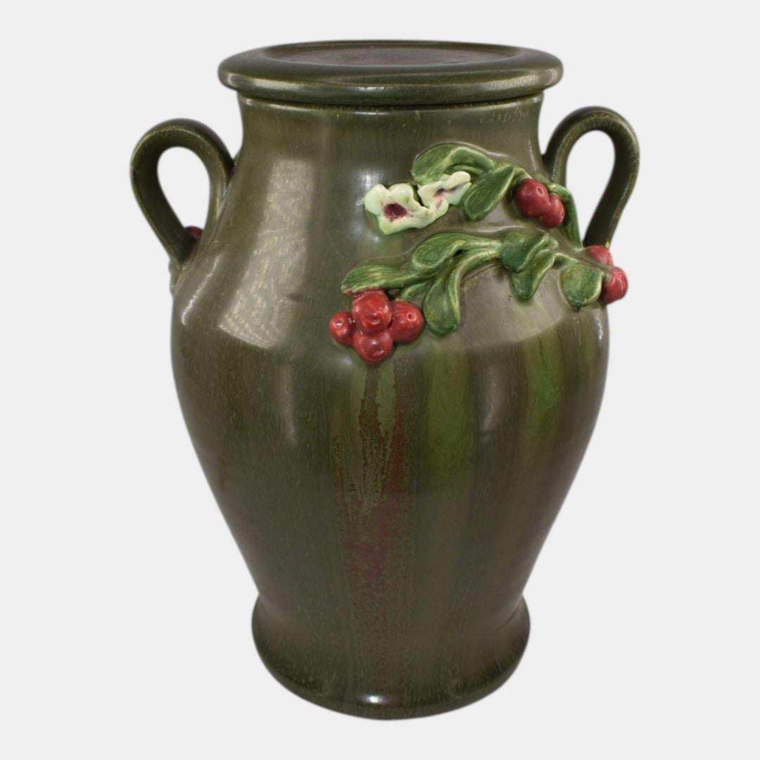 Ephraim Faience Hand Made Pottery Green Lingonberry Lidded Vase - Just Art Pottery