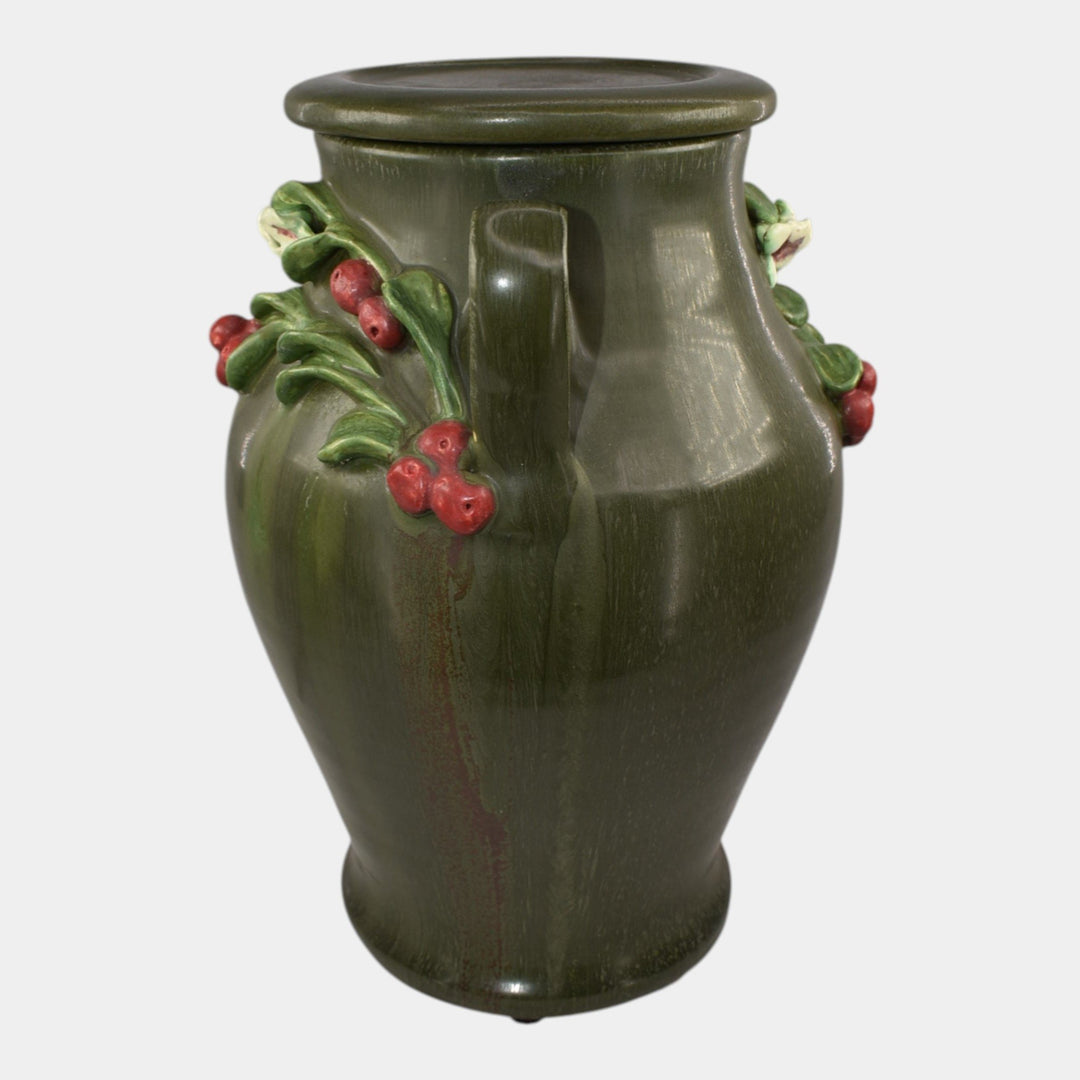 Ephraim Faience Hand Made Pottery Green Lingonberry Lidded Vase - Just Art Pottery