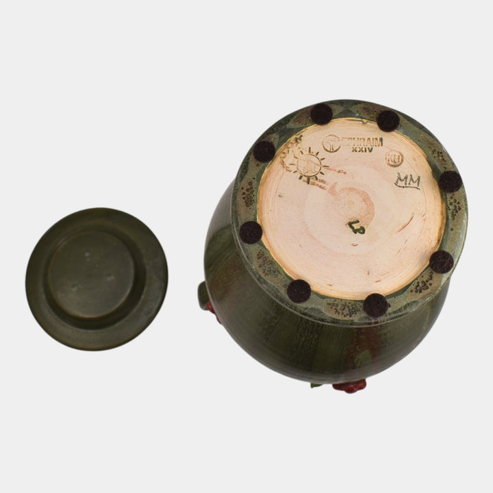 Ephraim Faience Hand Made Pottery Green Lingonberry Lidded Vase - Just Art Pottery