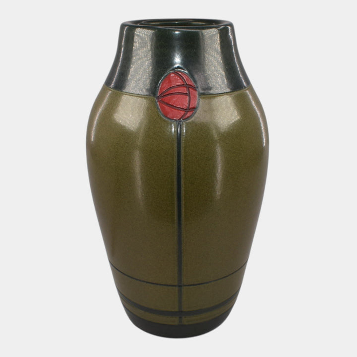 Ephraim Faience Hand Made Pottery Green Valentine’s Carved Rose Buds Vase - Just Art Pottery