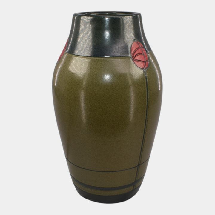 Ephraim Faience Hand Made Pottery Green Valentine’s Carved Rose Buds Vase - Just Art Pottery