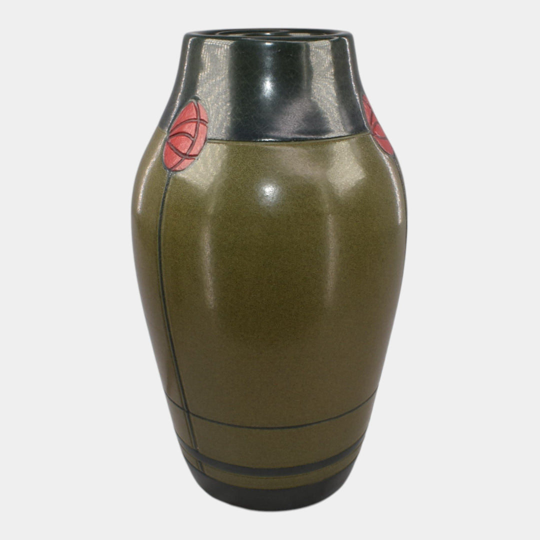 Ephraim Faience Hand Made Pottery Green Valentine’s Carved Rose Buds Vase - Just Art Pottery