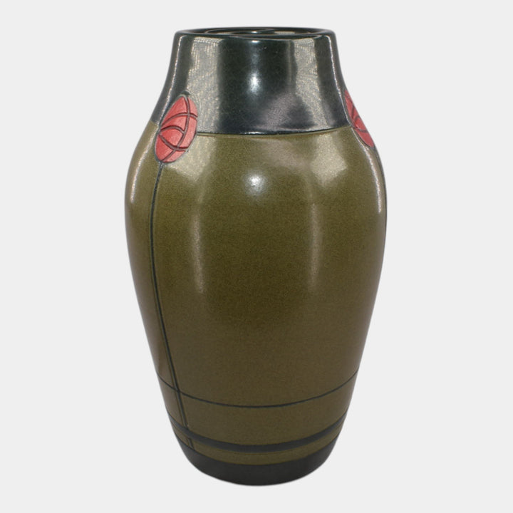 Ephraim Faience Hand Made Pottery Green Valentine’s Carved Rose Buds Vase - Just Art Pottery