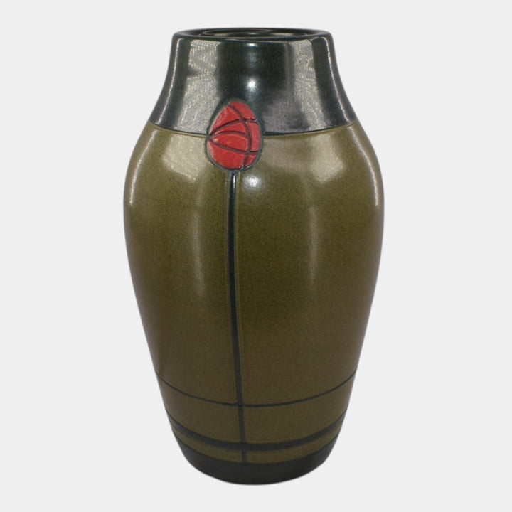 Ephraim Faience Hand Made Pottery Green Valentine’s Carved Rose Buds Vase - Just Art Pottery