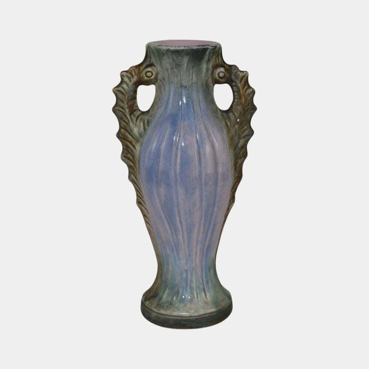 Weller Sabrinian 1920s Art Pottery Pastel Pink Green Seahorse Handles Tall Vase - Just Art Pottery