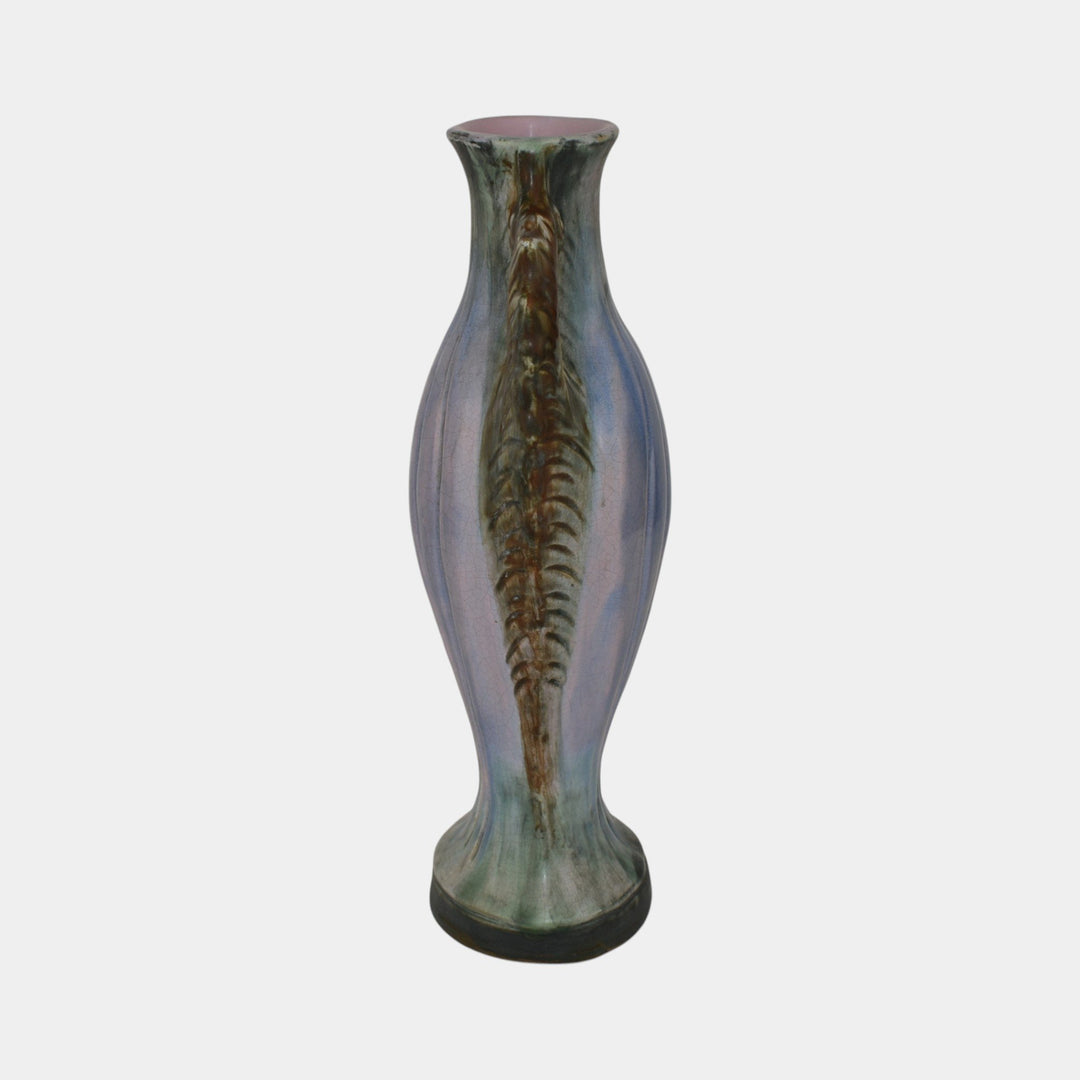 Weller Sabrinian 1920s Art Pottery Pastel Pink Green Seahorse Handles Tall Vase - Just Art Pottery