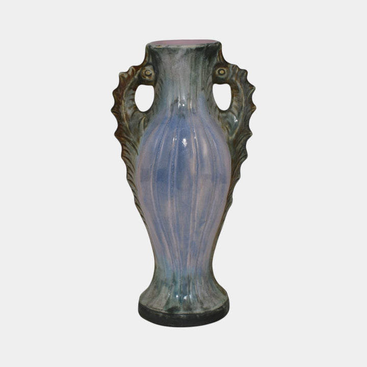 Weller Sabrinian 1920s Art Pottery Pastel Pink Green Seahorse Handles Tall Vase - Just Art Pottery