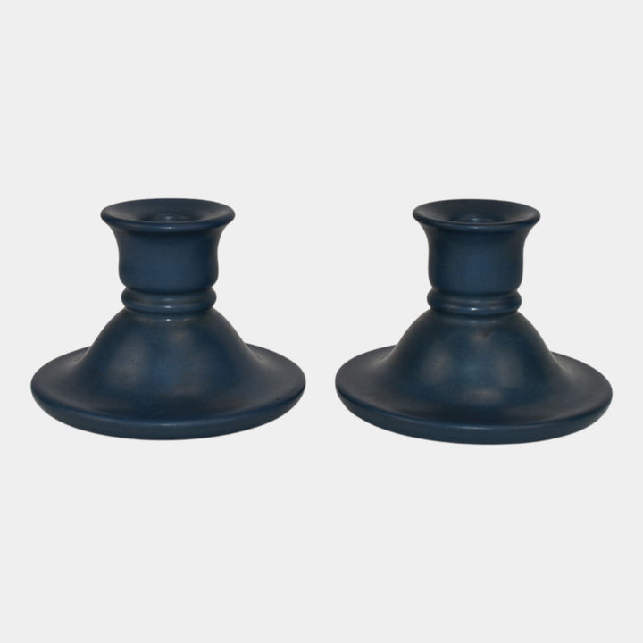 Marblehead Vintage Arts and Crafts Pottery Blue Ceramic Candle Holders - Just Art Pottery