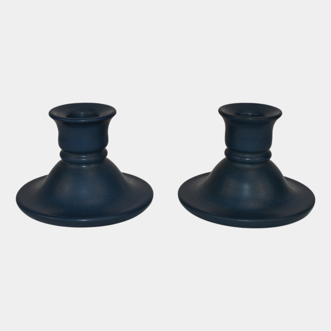 Marblehead Vintage Arts and Crafts Pottery Blue Ceramic Candle Holders - Just Art Pottery