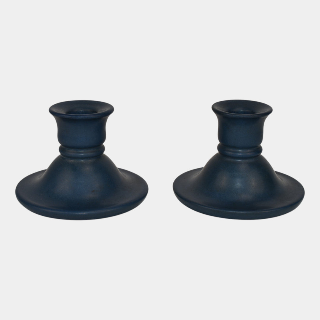 Marblehead Vintage Arts and Crafts Pottery Blue Ceramic Candle Holders - Just Art Pottery