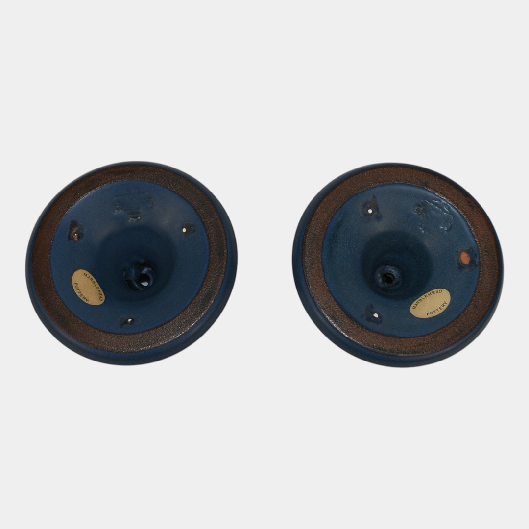Marblehead Vintage Arts and Crafts Pottery Blue Ceramic Candle Holders - Just Art Pottery
