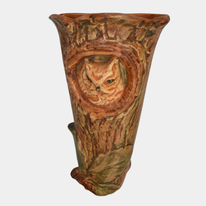 Weller Woodcraft 1920s Vintage Pottery Green And Brown Owl Ceramic Wall Pocket - Just Art Pottery
