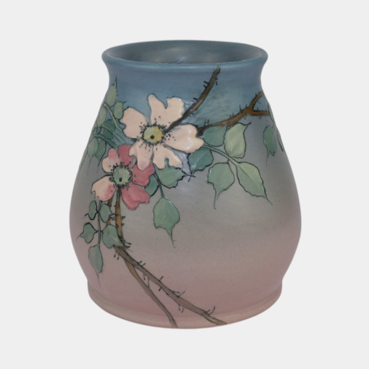 Weller Hudson 1920s Vintage Art Pottery Hand Painted Blue Pink Vase Timberlake - Just Art Pottery