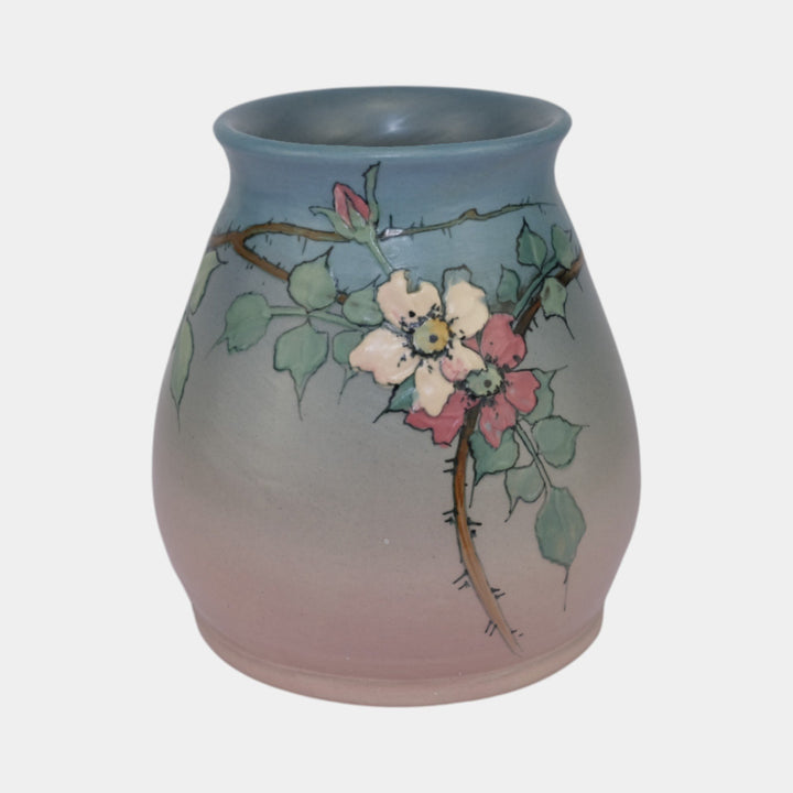 Weller Hudson 1920s Vintage Art Pottery Hand Painted Blue Pink Vase Timberlake - Just Art Pottery