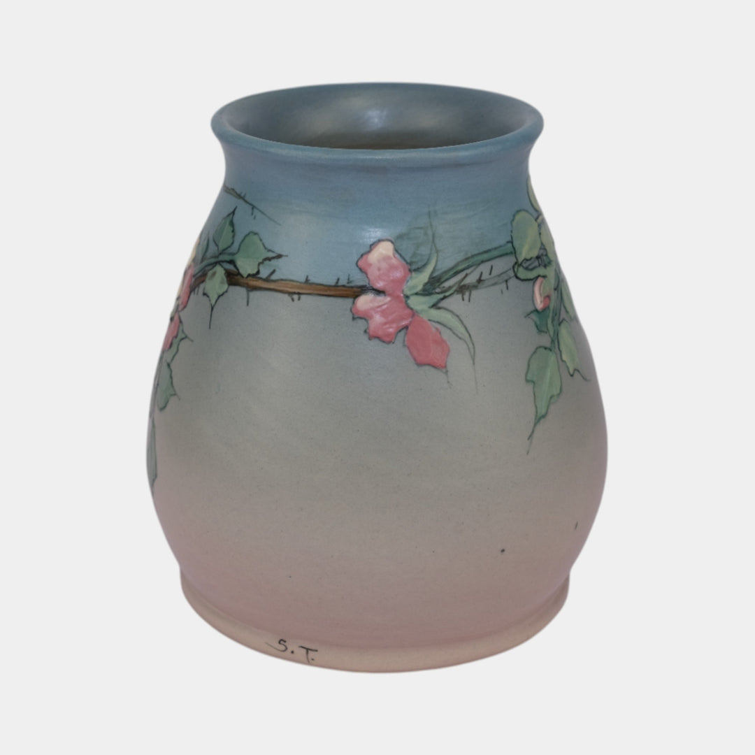 Weller Hudson 1920s Vintage Art Pottery Hand Painted Blue Pink Vase Timberlake - Just Art Pottery