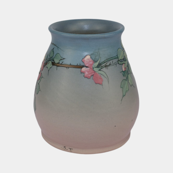 Weller Hudson 1920s Vintage Art Pottery Hand Painted Blue Pink Vase Timberlake - Just Art Pottery