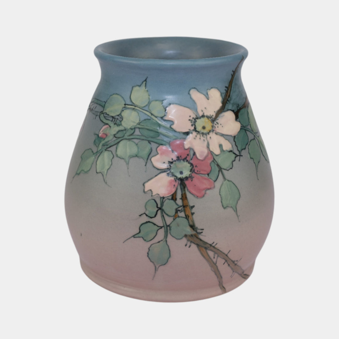Weller Hudson 1920s Vintage Art Pottery Hand Painted Blue Pink Vase Timberlake - Just Art Pottery