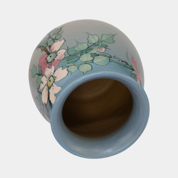 Weller Hudson 1920s Vintage Art Pottery Hand Painted Blue Pink Vase Timberlake - Just Art Pottery