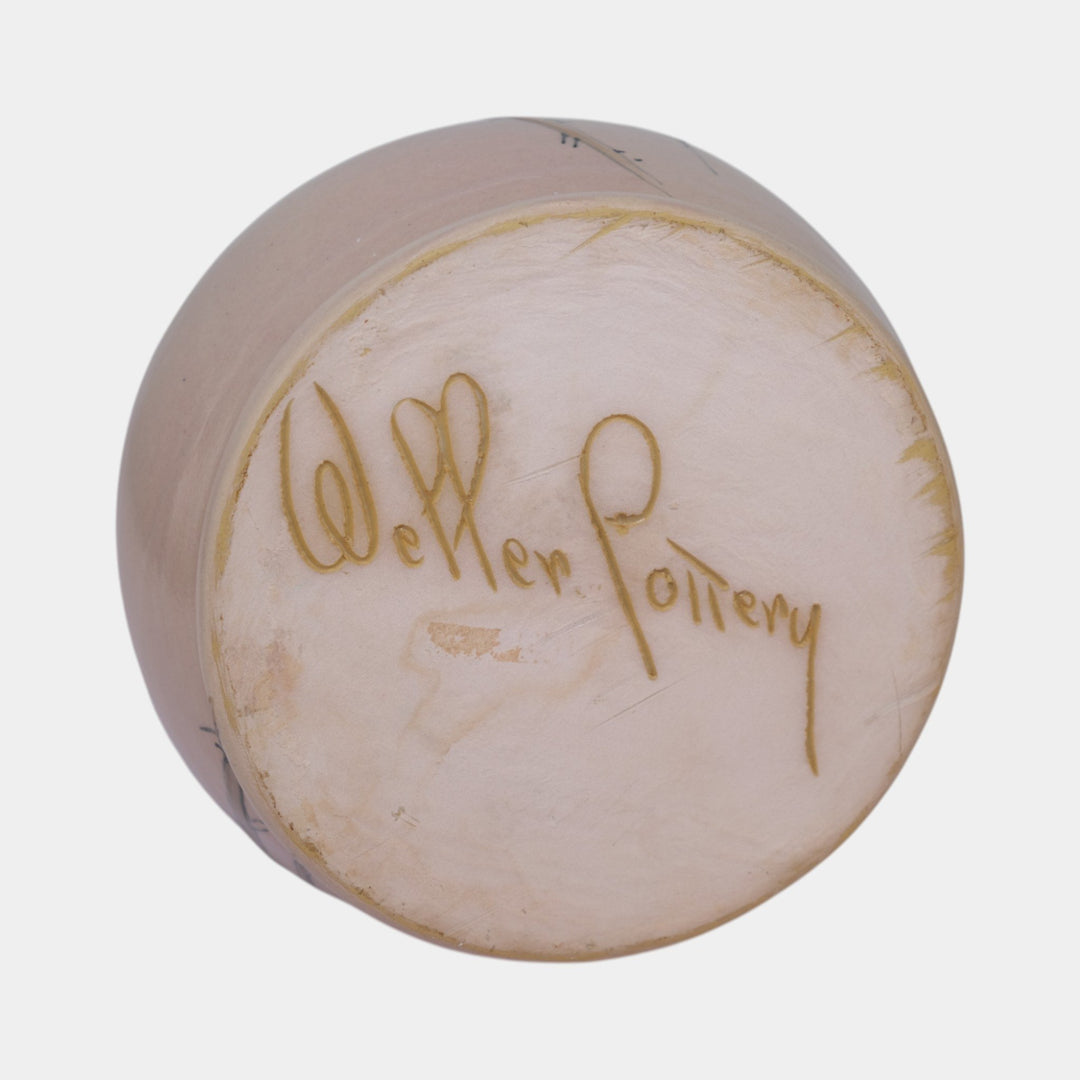 Weller Hudson 1920s Vintage Art Pottery Hand Painted Blue Pink Vase Timberlake - Just Art Pottery