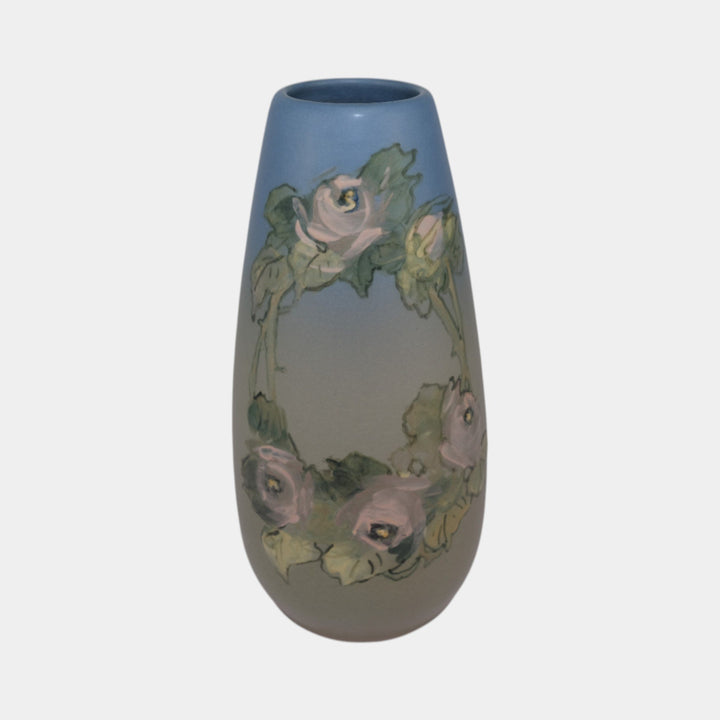 Weller Hudson 1920s Vintage Art Pottery Hand Painted Blue Ceramic Vase Hood - Just Art Pottery