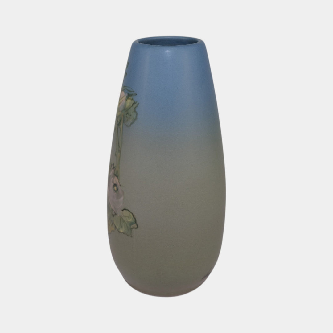 Weller Hudson 1920s Vintage Art Pottery Hand Painted Blue Ceramic Vase Hood - Just Art Pottery