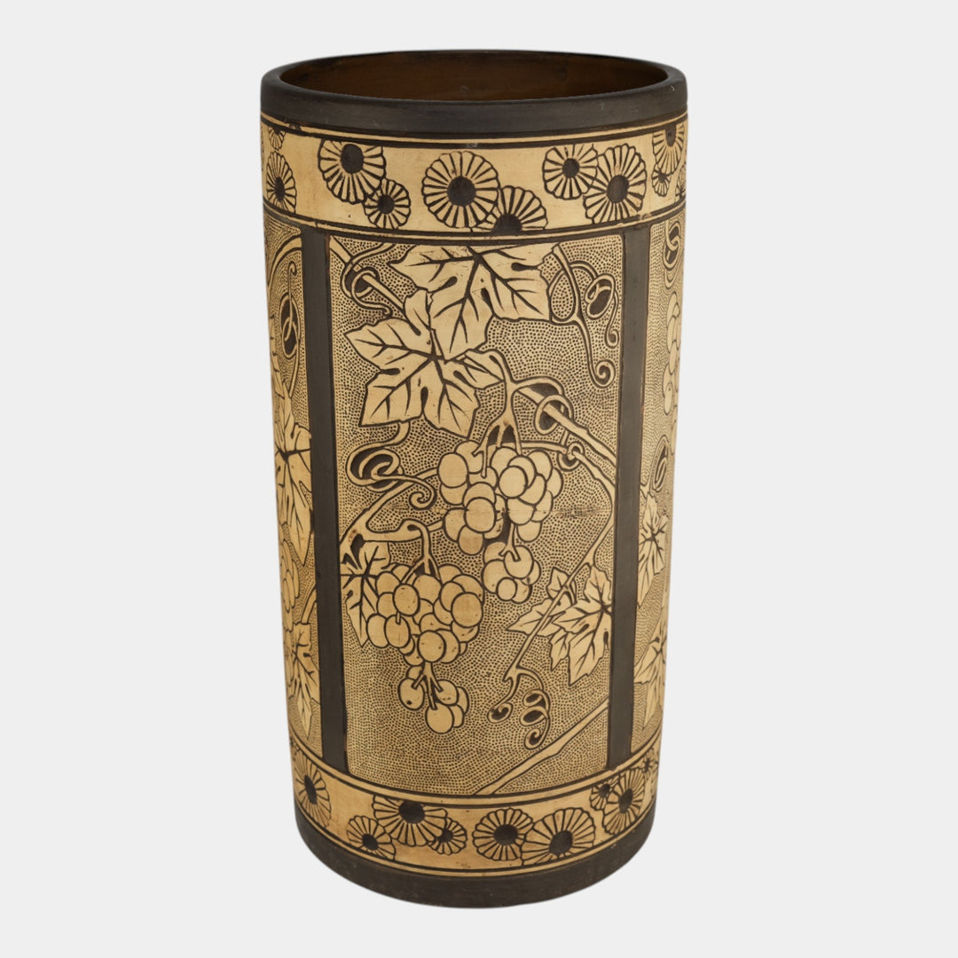 Weller Claywood 1910s Art Pottery Brown Ceramic Grapes And Leaves Umbrella Stand - Just Art Pottery
