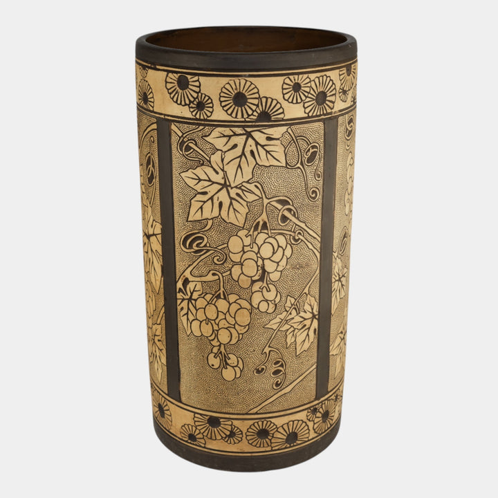 Weller Claywood 1910s Art Pottery Brown Ceramic Grapes And Leaves Umbrella Stand - Just Art Pottery