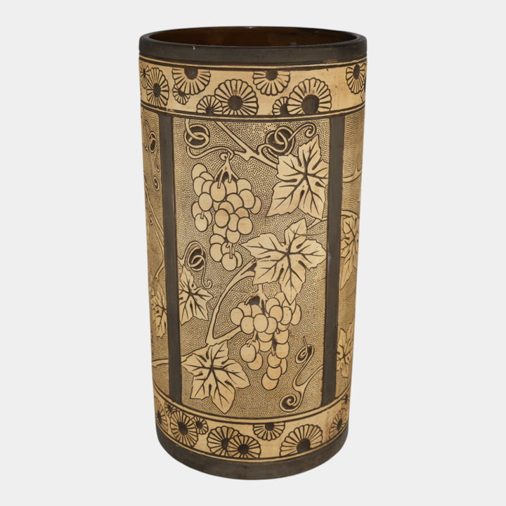 Weller Claywood 1910s Art Pottery Brown Ceramic Grapes And Leaves Umbrella Stand - Just Art Pottery