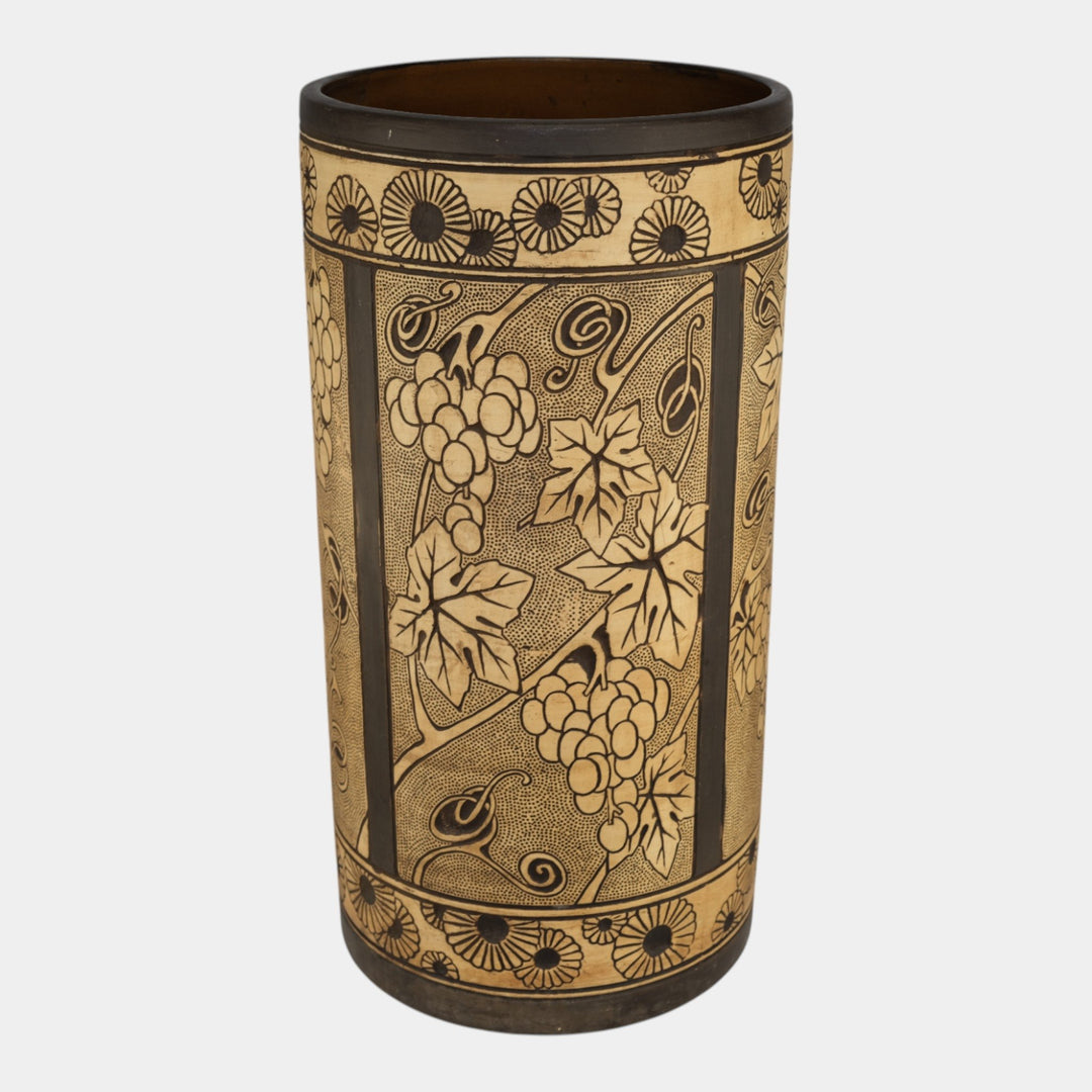 Weller Claywood 1910s Art Pottery Brown Ceramic Grapes And Leaves Umbrella Stand - Just Art Pottery